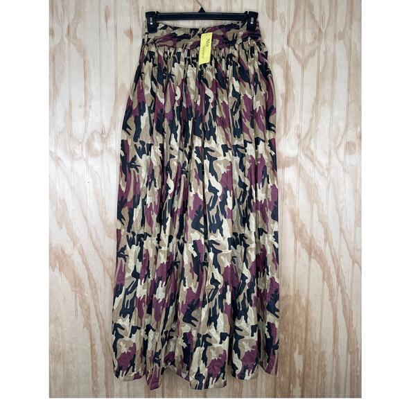 Mir Apparel Burgundy Black Tan Brown Maxi Flared Skirt Camo Pockets NWT One Size - Picture 1 of 8